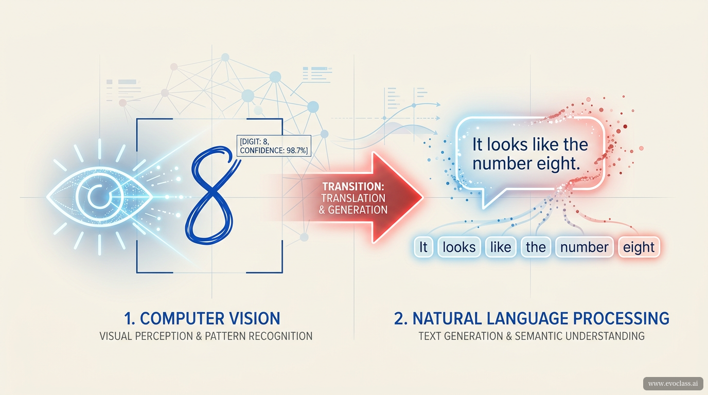 A conceptual, minimalist illustration showing the transition from computer vision to natural language processing. On the left, an abstract glowing eye analyzing a handwritten digit or image. An arrow points to the right side, which shows glowing text tokens or a speech bubble generating text piece by piece. Clean, academic layout, soft pastel and accent red color tones.